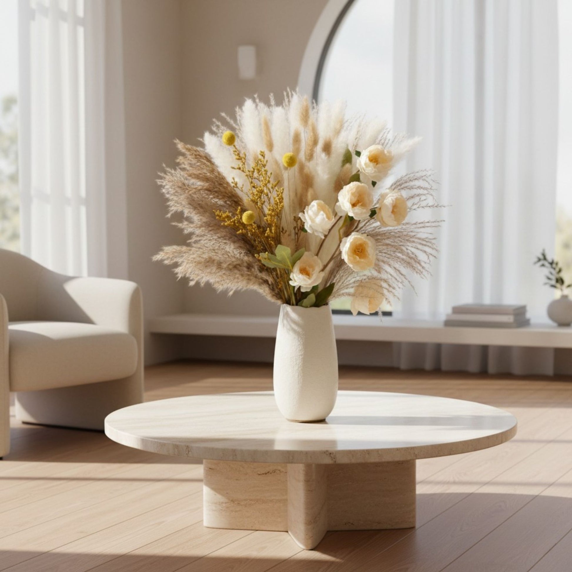 Boho Blumenstrauß mit Pampasgras und Pfingstrosen