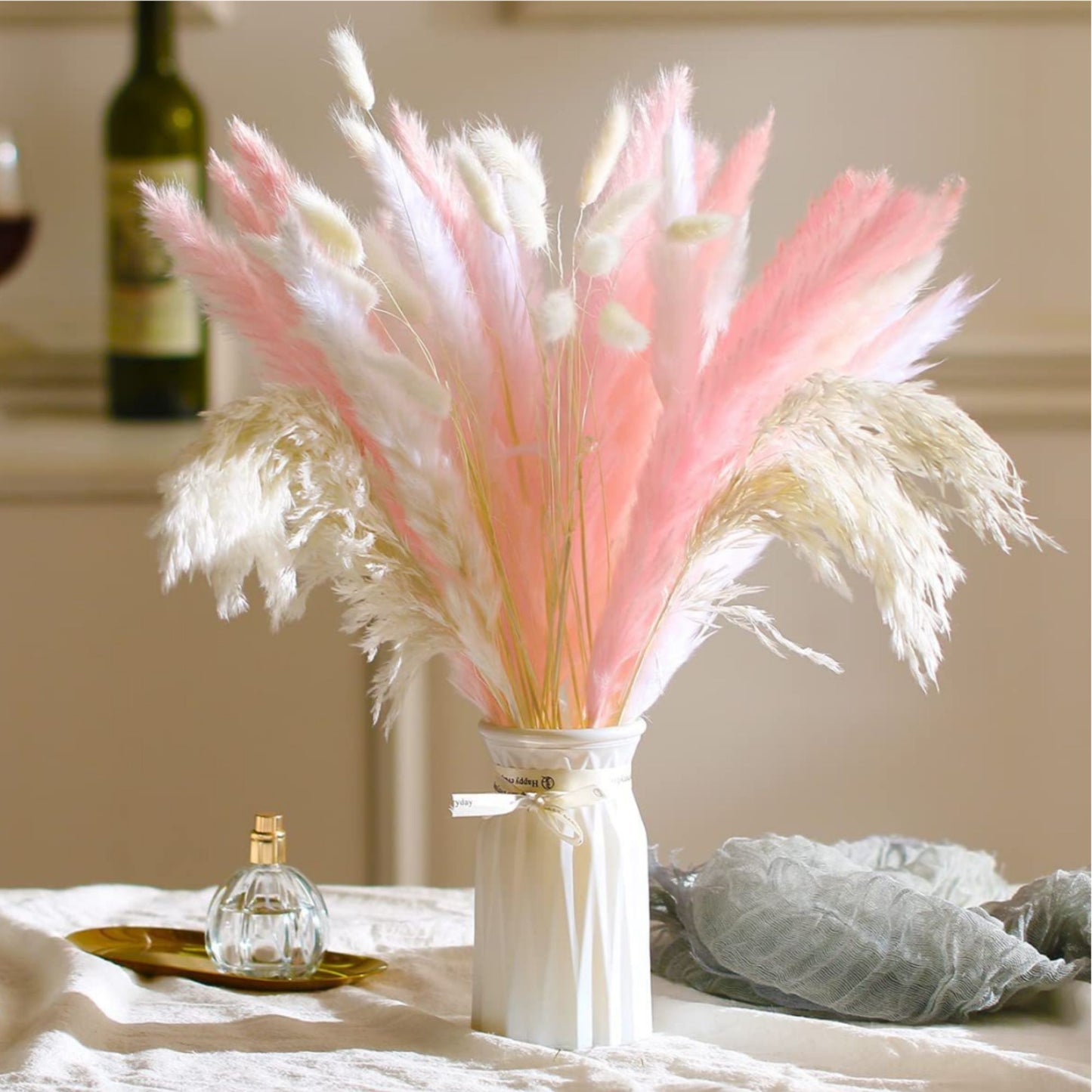 Boho Trockenblumenstrauß Rosa Weiß mit Pampasgras